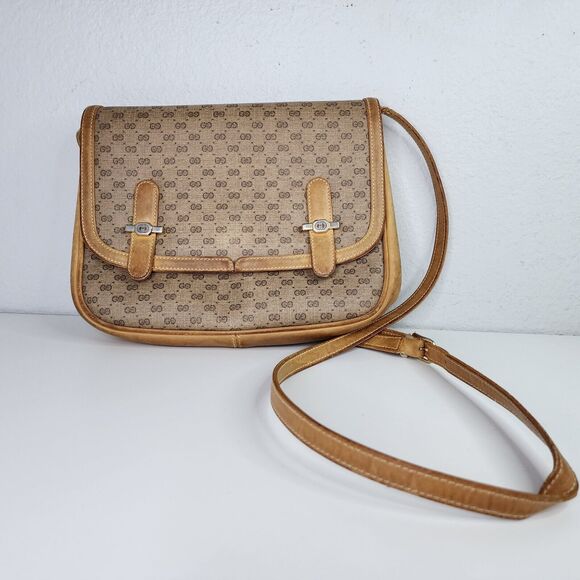 Gucci Vintage Micro GG Shoulder Bag PVC Leather Camel Adjustable Strap Pre-Owned - Picture 1 of 16